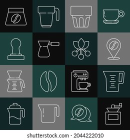 Fijar la línea Molino de café manual, Vidrio de jugo con agua, Jug frijol de ubicación, Vidrio, Coffee turk, tamper, Bag frijol e icono de rama. Vector