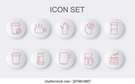 Set line Manual coffee grinder, Coffee cup to go, Teapot, Pour over maker, Aeropress and  icon. Vector