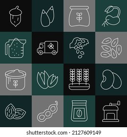 Set line Manual coffee grinder, Beans, Seed, Bag flour, Flour truck, Measuring cup, Acorn, oak nut, seed and icon. Vector