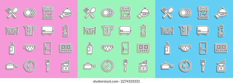 Fijar la línea Molino de café manual, Gasolina, Pepper, Cafetera, Tubo de medida, Mesa de madera con silla, Horquilla cruzada y cuchara e icono de Tostadora. Vector