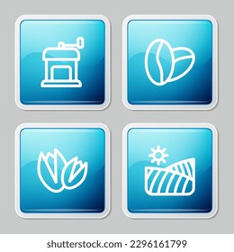 Fijar la línea Molino de café manual, granos de café, piñones y icono de campo de trigo agrícola. Vector