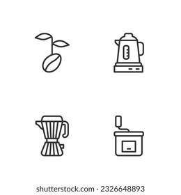 Set line Manual coffee grinder, Coffee maker moca pot, beans and Electric kettle icon. Vector