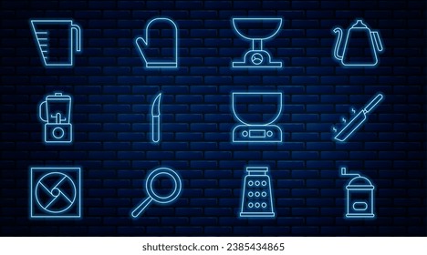 Set line Manual coffee grinder, Frying pan, Electronic scales, Knife, Blender, Measuring cup,  and Oven glove icon. Vector