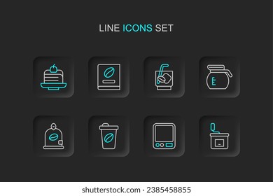 Fija la línea Molino de café manual, báscula electrónica, taza de café para ir, judías de bolsitas, olla, tonic de Espresso, icono de libro y pastel de pieza. Vector