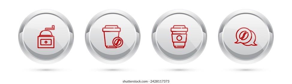Set line Manual coffee grinder, Coffee cup to go,  and and conversation. Silver circle button. Vector