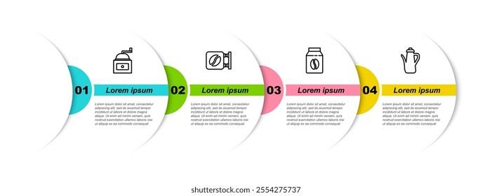 Set line Manual coffee grinder, Street signboard, Bag beans and Teapot. Business infographic template. Vector