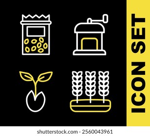 Set line Manual coffee grinder, Wheat, Sprout and Pack full seeds plant icon. Vector