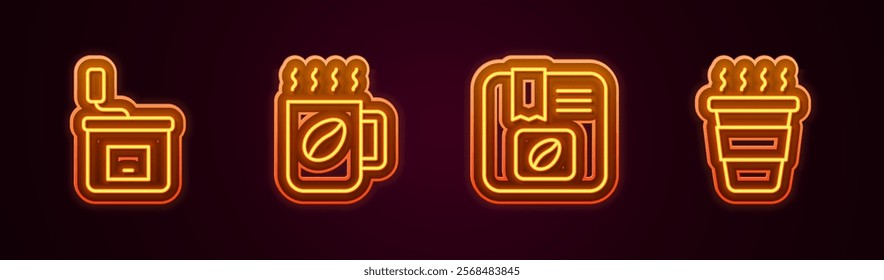 Set line Manual coffee grinder, Coffee cup, Bag beans and to go. Glowing neon icon. Vector