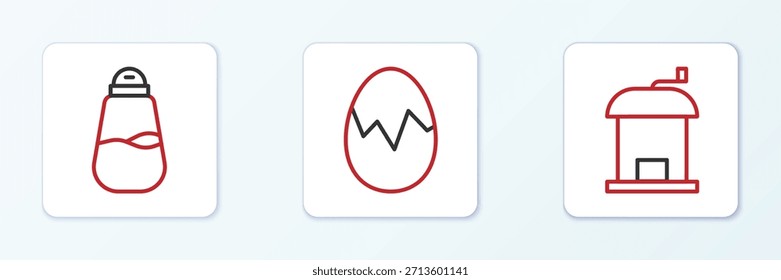 Set line Manual coffee grinder, Salt and Broken egg icon. Vector