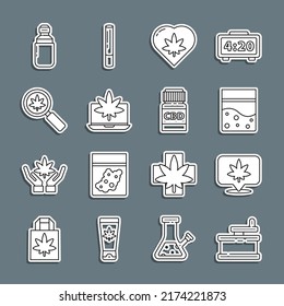 Fijar línea Molino manual, Ubicación y cannabis, Bolsa de plástico de, corazón de hoja de marihuana, Marihuana portátil o, Vidrio de aumento, aceite de oliva y botella médica con icono. Vector