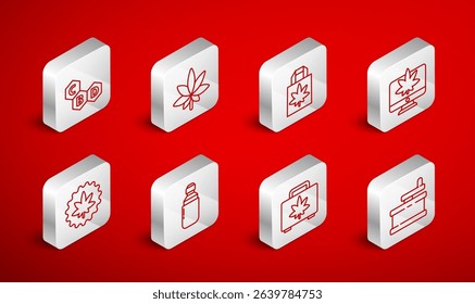 Set line Manual grinder, Marijuana or cannabis leaf, Shopping paper bag of marijuana, Monitor and, box, Cannabis molecule, olive oil and  icon. Vector