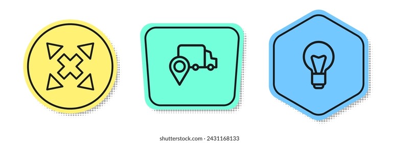 Set line Many ways directional arrow, Delivery tracking and Light bulb. Colored shapes. Vector