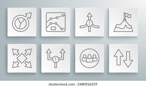 Linie festlegen Viele Wege Richtungspfeil, Graph, Diagramm, Diagramm, Pfeil, Projektteambasis, Berge mit Flagge und Symbol für Finanzwachstum. Vektorgrafik