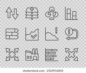 Definir linha Muitas maneiras de seta direcional, gráfico de pizza infográfico, Fábrica, Seta, Aumento do crescimento financeiro e ícone. Vetor