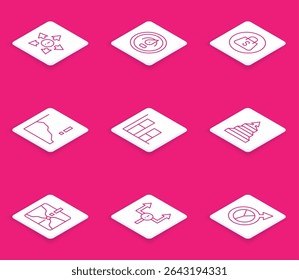 Set line Many ways directional arrow, Digital speed meter, Shopping bag with Sale, Financial growth decrease, Graph, chart, diagram, Pyramid infographics, Intersection point and Arrow icon. Vector