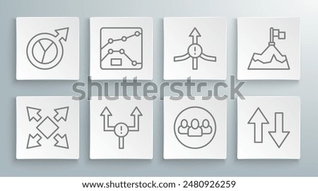 Set line Many ways directional arrow, Graph, chart, diagram, Arrow, Project team base, Mountains with flag and Financial growth icon. Vector