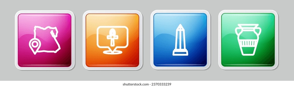 Set line Map of Egypt, Cross ankh, Obelisk Alexandria and Egyptian vase. Colorful square button. Vector