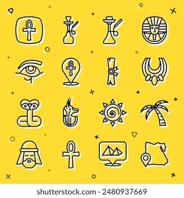 Set line Map of Egypt, Tropical palm tree, Egyptian necklace, Hookah, Cross ankh, Eye Horus,  and Papyrus scroll icon. Vector