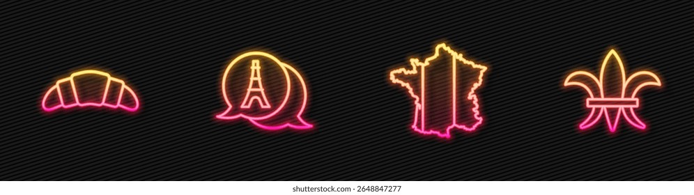 Set line Map of France, Croissant, Eiffel tower and Fleur De Lys. Glowing neon icon. Vector