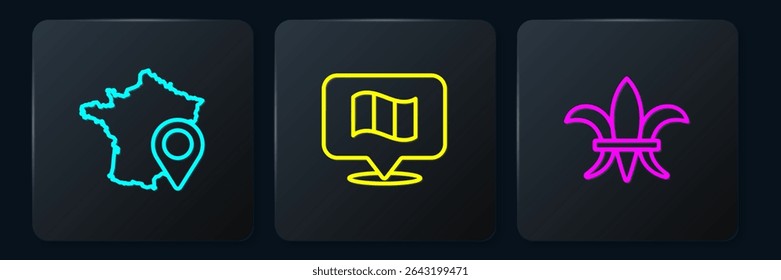 Set line Map of France, Fleur De Lys and Flag. Black square button. Vector
