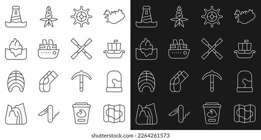 Set line Map of Iceland, Christmas mittens, Viking ship Drakkar, Ship steering wheel, Cruise, Iceberg, Lighthouse and Oars or paddles boat icon. Vector