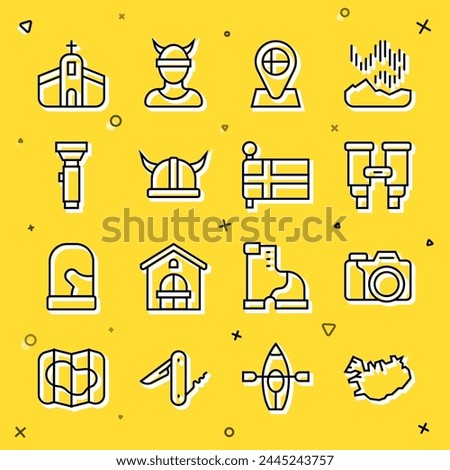Set line Map of Iceland, Photo camera, Binoculars, Location flag, Viking horned helmet, Flashlight, Church building and Flag icon. Vector