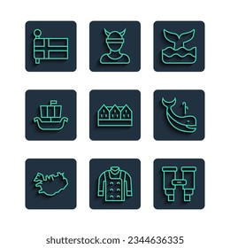 Set line Map of Iceland, Sweater, Binoculars, Whale tail, Norwegian wooden house, Viking ship Drakkar, Flag and  icon. Vector