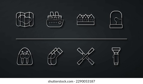 Set line Map of Iceland, Walrus animal, Christmas mittens, Oars or paddles boat, Socks, Cruise ship, Flashlight and Norwegian wooden house icon. Vector