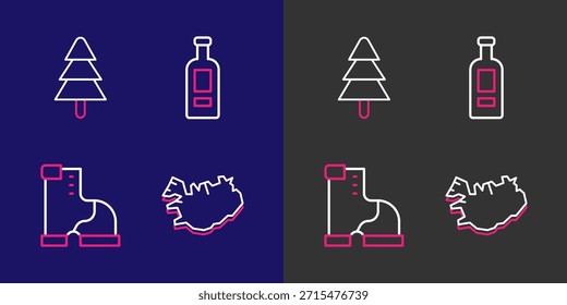 Set line Map of Iceland, Winter warm boot, Bottle vodka and Tree icon. Vector