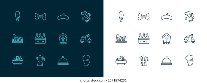 Set line Map of Italy, Coffee maker moca pot, Pope hat, Covered with tray food, Bottles wine, French beret, Ice cream waffle and Macaroni icon. Vector