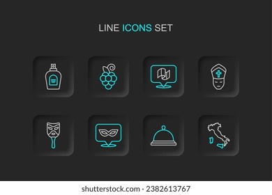 Set line Map of Italy, Covered with tray food, Carnival mask, Pope, Flag, Grape fruit and Perfume icon. Vector