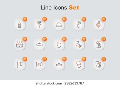 Set line Map of Italy, Italian cook, Carnival mask, Macaroni, Flag, Roman army helmet,  and French icon. Vector