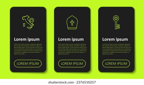 Set line Map of Italy, Pope hat and Old key. Business infographic template. Vector