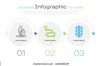 Set line Map marker with a silhouette of a person, Route location and Traffic light. Business infographic template. Vector