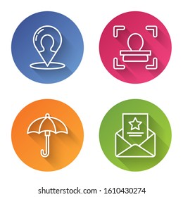 Set line Map marker with a silhouette of a person, Face recognition, Umbrella and The arrest warrant. Color circle button. Vector