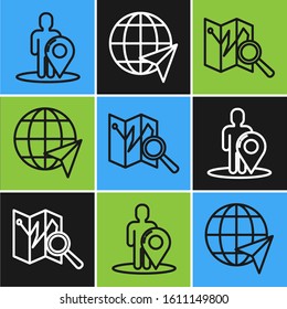 Set line Map marker with a silhouette of a person, Folded map with location marker and Location on the globe icon. Vector