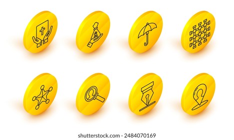 Set line Map marker with a silhouette of a person, Fountain pen nib, Magnifying glass for search, Hexagram sheriff, Prison window, Umbrella, Hand holding money bag and Oath the Holy Bible icon. Vector