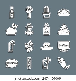 Set line Map of mexican, Hola, Nachos, Cactus or succulent in pot, Mexican man sombrero, bowl, Tabasco sauce and Tequila bottle icon. Vector