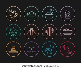 Set line Map of mexican, Nachos in bowl, Chichen Itza Mayan, Avocado fruit, Cactus,  and Taco with tortilla icon. Vector