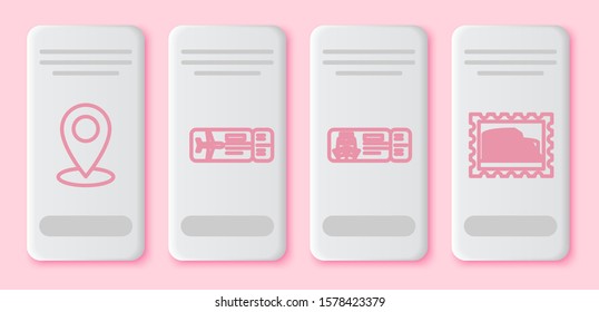 Set line Map pin, Airline ticket, Cruise ticket for traveling by ship and Postal stamp and Coliseum. White rectangle button. Vector