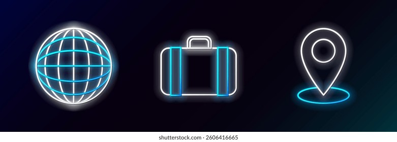 Set line Map pin, Earth globe and Suitcase for travel icon. Glowing neon. Vector
