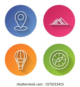 Set line Map pin, Egypt pyramids, Hot air balloon and Compass. Color circle button. Vector
