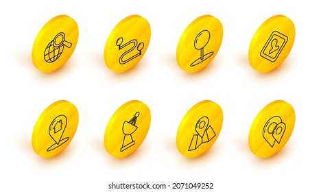 Set line Map pin, Folded map with location marker, Radar, pointer house, Road traffic sign, Push, Route and Magnifying glass globe icon. Vector