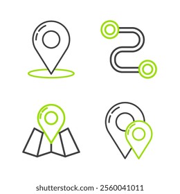 Set line Map pin, Folded map with location marker, Route and  icon. Vector