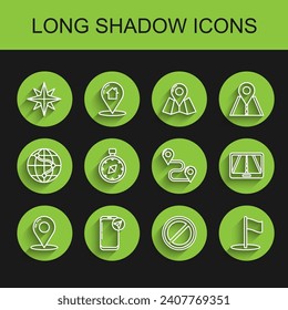 Fijar el pin del mapa de línea, Infografía de la navegación del mapa de la ciudad, rosa del viento, signo de parada, marca, brújula e icono de ubicación de ruta. Vector