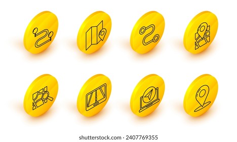 Set line Map pin, Infographic of city map navigation, Folded with location marker, Route,  and  icon. Vector