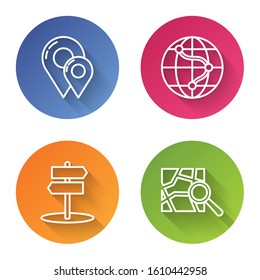 Set line Map pin, Location on the globe, Road traffic sign and Folded map with location marker. Color circle button. Vector