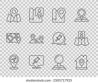 Set line Map pin, Location with house, Folded map location marker, Push, Route,  and  icon. Vector