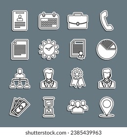 Set line Map pin, Man with headset, Pie chart infographic, Briefcase, Time Management, Document, Identification badge and Certificate template icon. Vector