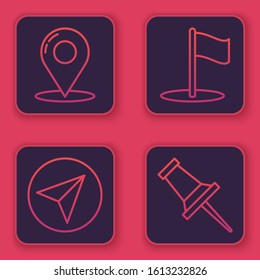 Set line Map pin, Paper airplane, Flag and Push pin. Blue square button. Vector